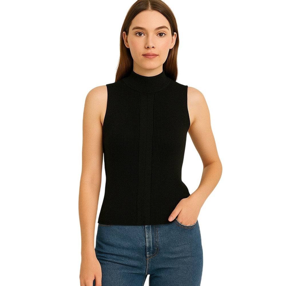 DRESS BARN 90s Ribbed Mock Neck Sleeveless Slinky Tank‎ Black PM